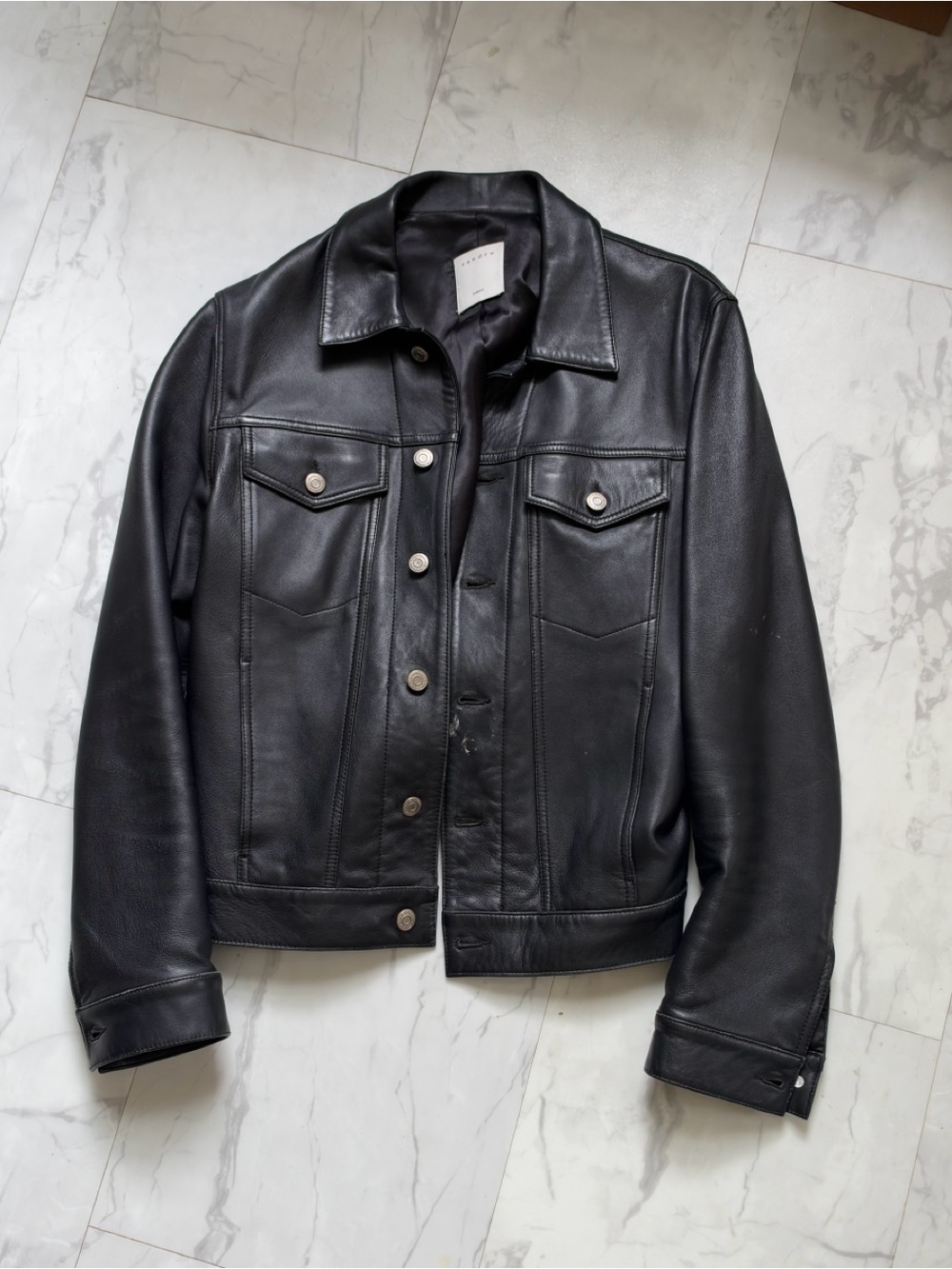 Sandro Black Leather Jacket - Classic Button-Front Trucker